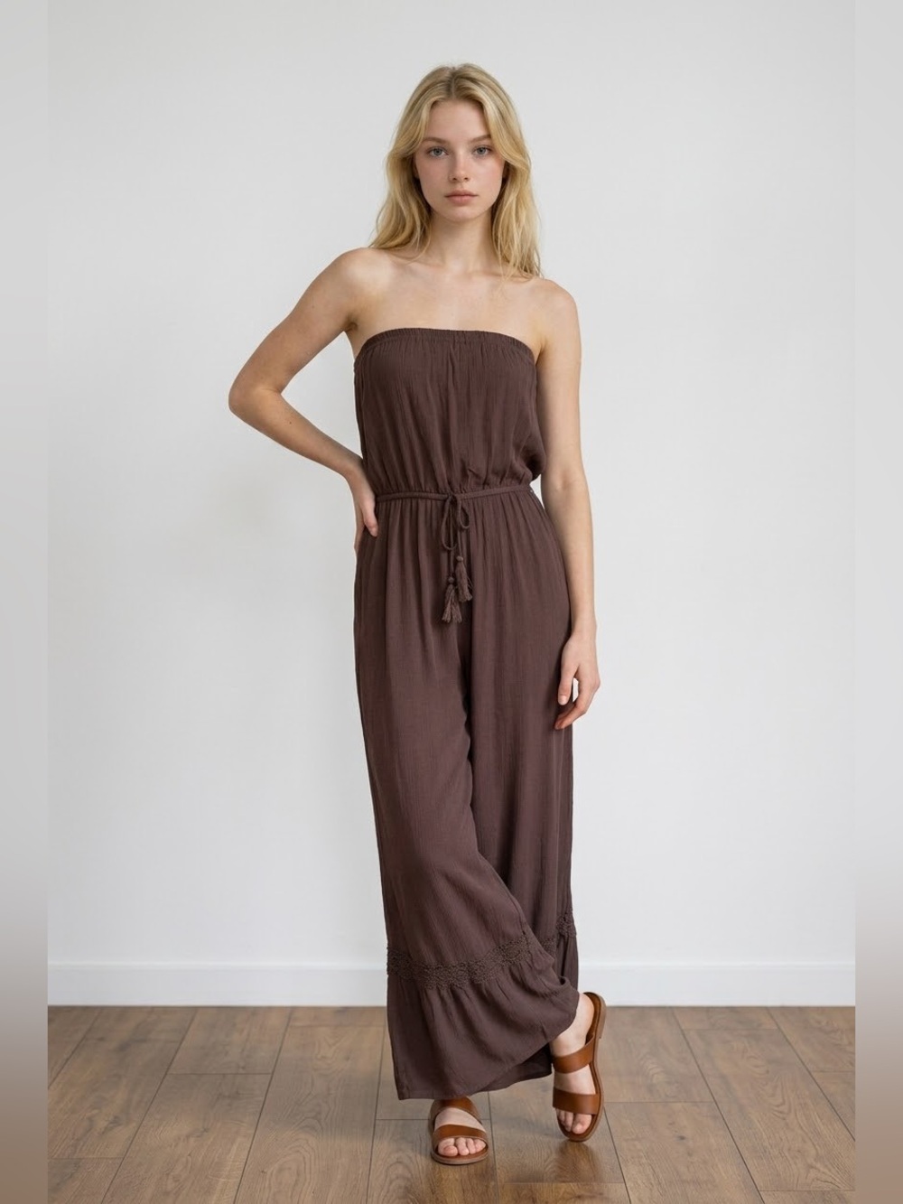 Faced Rose Strapless Brown Palazzo Jumpsuit – Size XS (NWT)